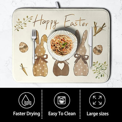 Happy Easter Bunny Dish Drying Mat Rabbits Egg Carrot Dish Pad for Kitchen Counter 18x24 Inch Microfiber Absorbent Spring Bufflao Plaid Dish Draining Mat Reusable Washable Dish Drainer Rack Mat