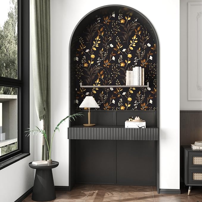 Black Floral Wallpaper Peel and Stick, Dark Gold Vintage Flower Contact Paper 17.5" x 393.7", Golden/White Botanical Wall Paper Self Adhesive Waterproof Removable for Room Cabinet Drawer Table Decor