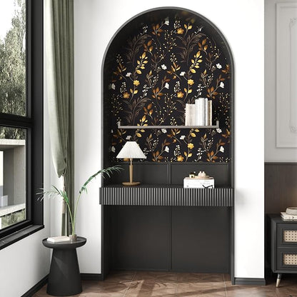 Black Floral Wallpaper Peel and Stick, Dark Gold Vintage Flower Contact Paper 17.5" x 393.7", Golden/White Botanical Wall Paper Self Adhesive Waterproof Removable for Room Cabinet Drawer Table Decor