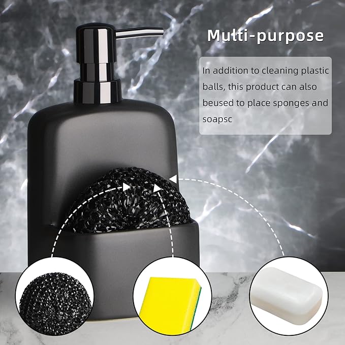 Dish Soap Dispenser - Kitchen Soap Dispenser with Sponge Holder Matte Ceramic Soap Daddy Dispenser 20oz for Kitchen (Matte Black)