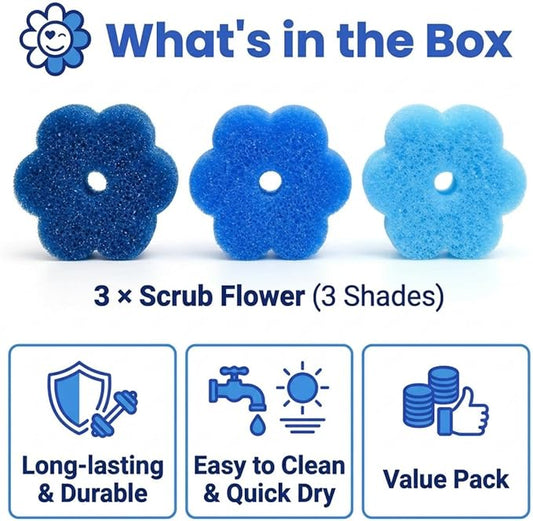 Scrub Flower Temperature Sensitive Sponges -Non-Scratch Scrubbers for Kitchen & Home - Firm in Cold & Soft in Warm Water - Odor Resistant Color-Coded Dish Sponges (Sapphire Hydrangea, 3 Count)
