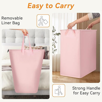 Chrislley 140L Laundry Hamper 2 Section, Double Laundry Basket with Lid, Large Dirty Clothes Hamper with Removable Liner Bags, Collapsible Laundry Organizer for Bedroom, Dorm,Pink