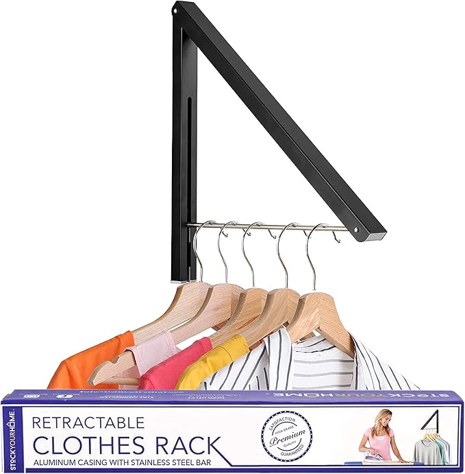 Single Foldable Clothing Rack, Wall-Mounted Retractable Clothes Hanger for Laundry Dryer Room, Hanging Drying Rod, Small Collapsible Folding Garment Racks, Dorm Accessories (Black)