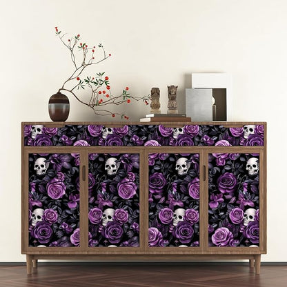 Purple Floral Wallpaper Peel and Stick, Dark Skull Contact Paper 17.5" x 118", Black Vintage Gothic Rose Flowers Wall Paper Self Adhesive Waterproof Removable for Bathroom Cabinet Drawer Table Decor