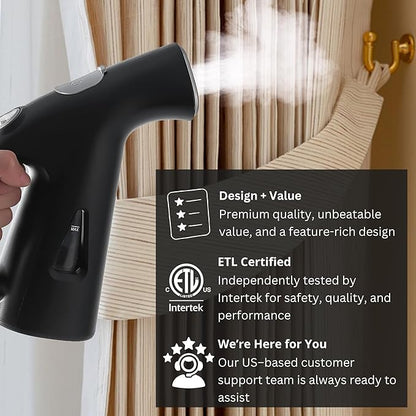 True & Tidy Compact Handheld Garment Steamer for Clothes, Travel Steamer with Stainless Steel Nozzle, 800 watts, Black