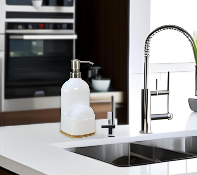 Kitchen Soap Dispenser with Sponge Holder, Refillable Acrylic Dish Soap Dispenser 17oz for Kitchen Sink and Bathroom, Anti Slip, Countertop Home Decor (White)