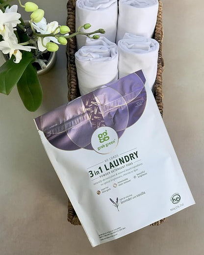 Grab Green Natural 3 in 1 Laundry Detergent Pods, Lavender + Vanilla-With Essential Oils, 24 Loads, Organic Enzyme-Powered, Plant & Mineral-Based, 13.5 Ounce