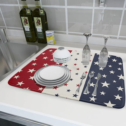 Blue Red White Star July of 4th Patriotic Dish Drying Mat for Kitchen Counter 18x24 Independence Day Absorbent Reversible Microfiber Drying Mats Kitchen Countertop Protector Dishes Drainer Rack Pad
