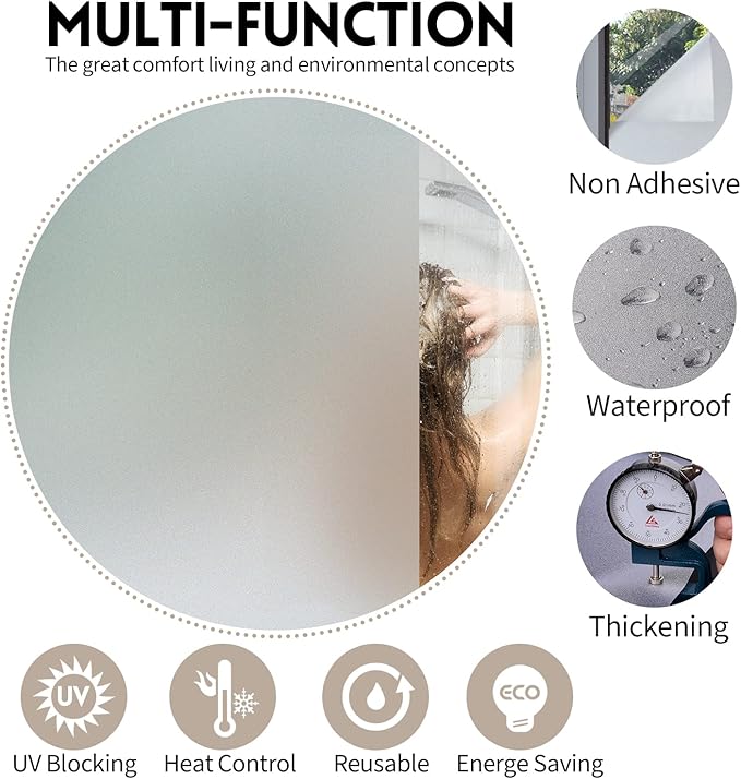 KESPEN Window Privacy Film Frosted Glass Heat Control UV Blocking Privacy Window Film for Glass Windows Static Cling Non-Adhesive Door Coverings Decals for Bathroom Home Office,17.5 Inch X 6.5 Feet