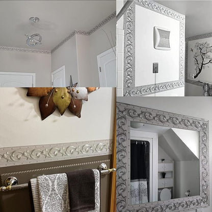PVC Self Adhesive Silver 3D Flowers Waterproof Wall Border Decor Removable Kitchen Bathroom Tiles Stciker 4 x196.8 inch