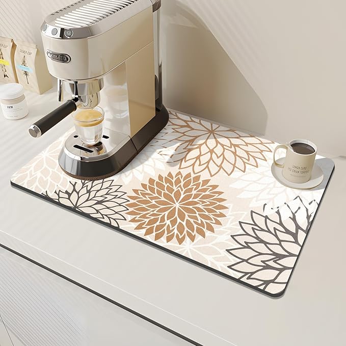 Findosom 2PCS 12" x 20" Dish Drying Mat & 24" x 5.5" Sink Splash Guard, Super Absorbent & Cuttable Dish Mat Drying Kitchen Mat with Brown Floral, Hide Stain Drying Mat for Kitchen Counter