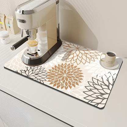 Findosom 2PCS 16" x 24" Dish Drying Mat & 24" x 5.5" Sink Splash Guard, Super Absorbent & Cuttable Dish Mat Drying Kitchen Mat with Brown Floral, Hide Stain Drying Mat for Kitchen Counter