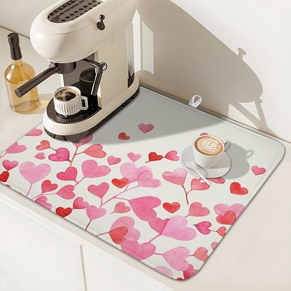 Valentine's Day Dish Drying Mat for Kitchen Counter Pink Love Heart Pattern Drying Mat 16x18 Inch Valentines Holiday Absorbent Dish Drainer Mat Kitchen Accessories