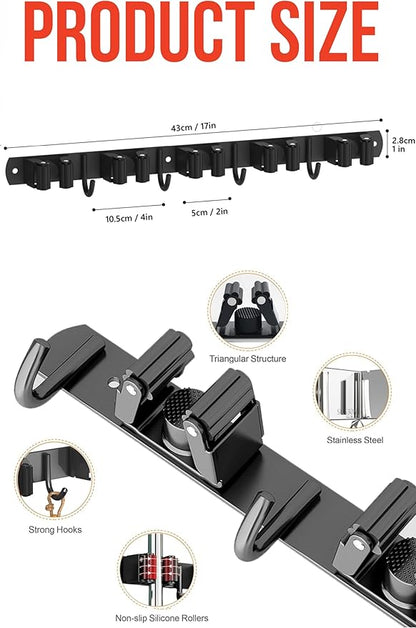 Mop and Broom Holder Wall Mount, Upgraded Broom Hanger Wall Mount, Stainless Steel Broom Organizer for Closet Garage Laundry Room Kitchen Wall Decor(5Racks 4Hooks Black)