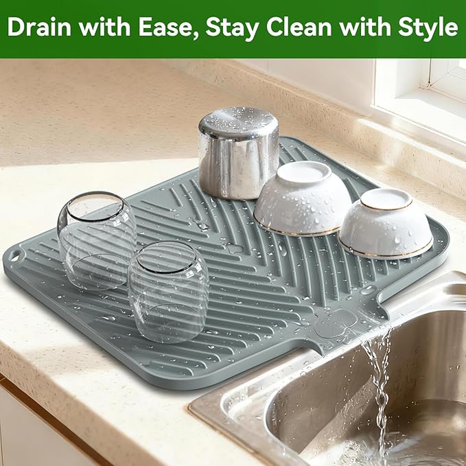 Belife Dish Drying Mat for Kitchen Counter, Silicone Dish Drainers Pad, Non-Slip Under Sink Dish Drying Rack, Heat Resistant Small Stone Drying Board (17" x 14.5",Gray)