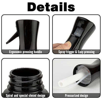 Spray Bottle for Hair (6.8OZ /200ML) Continuous Ultra Fine Mist Sprayer for Hair, Salons, Barber, Plants, Skin Care, Cleaning 2 Pack Black