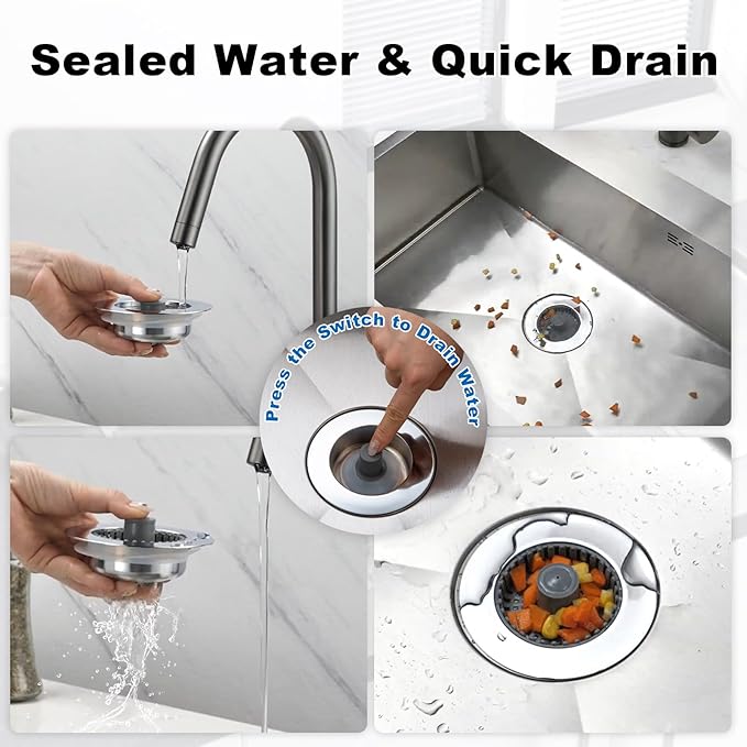 Kitchen Sink Drain Strainer – New Upgraded Kitchen Sink Stopper with One Extra Basket Filter – Premium Brass Material Pop Up Sink Strainer for US Standard 3-1/2 Inch Kitchen Drain, Silver