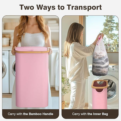 75L Slim Laundry Hamper with Lid, Dirty Clothes Hampers for Laundry, Collapsible Laundry Baskets for Small Spaces, Bedroom, Bathroom, Laundry Room, Pink