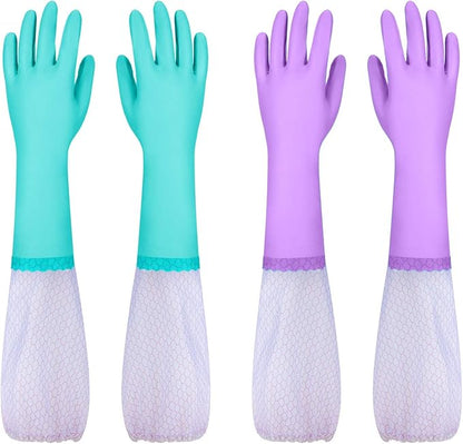 Elgood Reusable Long Sleeve Dishwashing Cleaning Gloves with Latex Free,Cotton Lining,Kitchen Gloves 2 Pairs,Purple+Blue L