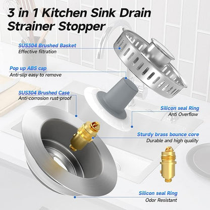 ULIOLI 3 in 1 Kitchen Sink Drain Strainer Sink Stopper, Stainless Steel Sink Drain Strainer with Anti-Clogging Basket, Kitchen Sink Drain Filter Plug for US Standard 3-1/2 Inch Drain (2Pack)
