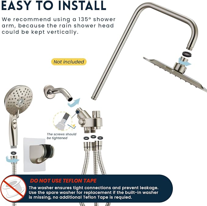 Ryamen Dual Shower Head Combo, Brushed Nickel 8'' High Pressure Rain/Rainfall Shower Head, 6 Settings Adjustable Handheld Showers, with 15" Height Adjustable Slide Bar, Holder/59’‘ Hose