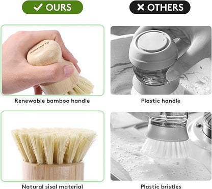 4 Pack Bamboo Dish Brush, Dish Scrubber Brush with Sisal Bristle, Natural Scrub Brush for Kitchen Cleaning Dishes, Pots, Pans, Bottles, Vegetables