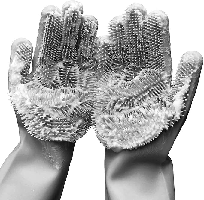 Reusable Cleaning Silicone Gloves with Scrubber Bristles for Dishwashing, Dog Pet Grooming & Car Wash (13.6" Large)