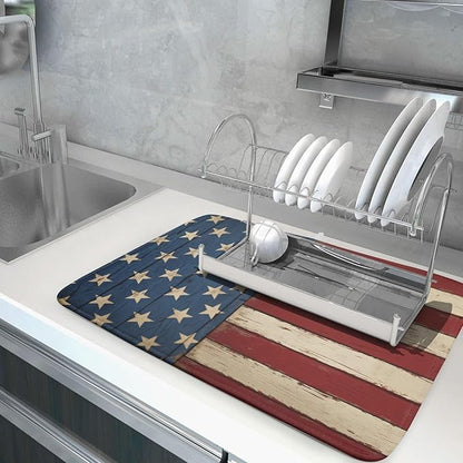 America Flag Star Stripes 4th of July Dish Drying Mat For Kitchen Counter Rustic Patriotic Independence Day Microfiber Absorbent Drying Mats Reversible Kitchen Countertop Drainer Pad 18x24 Inch