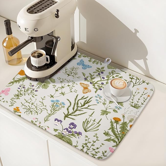 Kawani Wild Flowers Plant Dish Drying Mats for Kitchen Counter 16x18 Inch,Sage Herbs Kitchen Drying Mat,Botanical Plant Dishes Pad Dish Drainer Rack Mats Absorbent Fast Dry Kitchen Accessories