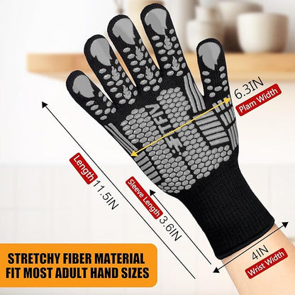 BBQ Gloves, Oven Gloves, 1472°F Extreme Heat Resistant Barbecue Gloves, Silicone Non-Slip Oven Mitts, Kitchen for Cooking, Grilling, and Baking (Gray)