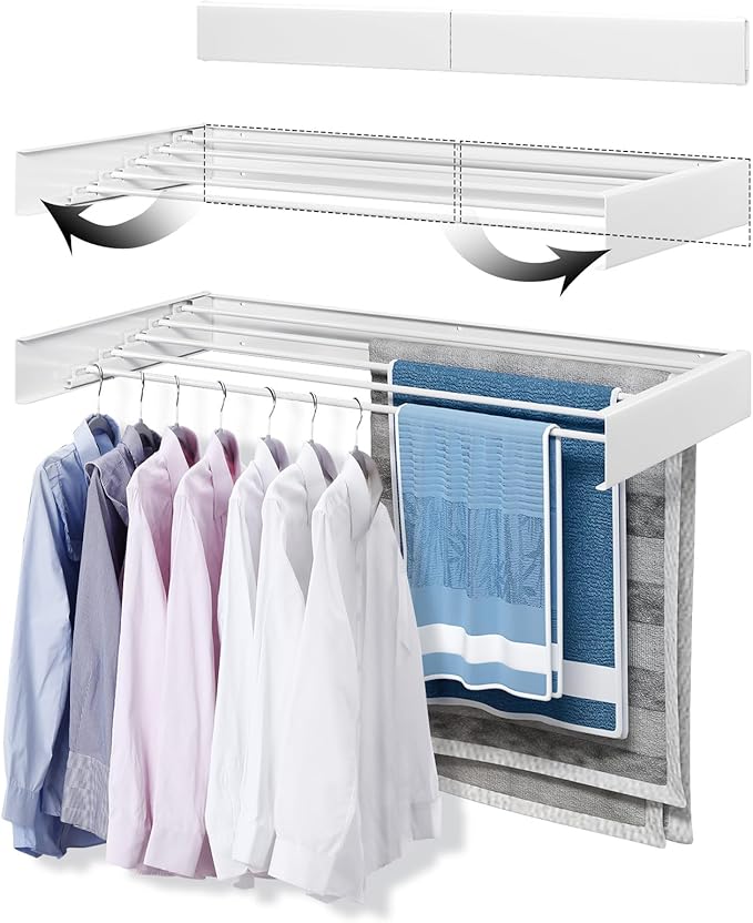 Wall Mounted Drying Rack 31.5", 5 Aluminum Poles, 60 lb. Load Capacity, Foldable, Retractable, Space Saving Clothes Drying Rack (31.5" White)