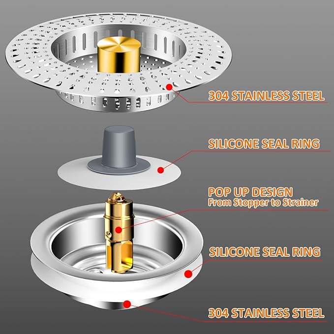 Kitchen Sink Drain Strainer, 18/8 Stainless Steel, Sink Stopper Kitchen Drain