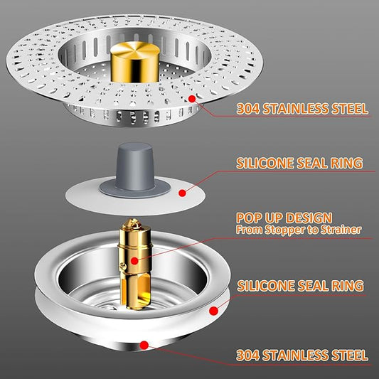 Kitchen Sink Drain Strainer, 18/8 Stainless Steel, Sink Stopper Kitchen Drain