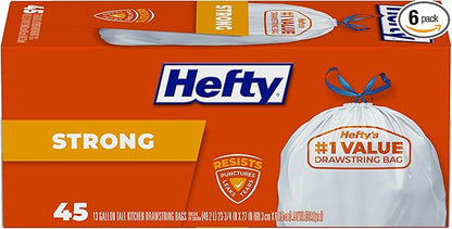 Hefty Strong Tall Kitchen Trash Bags, Unscented, 13 Gallon, 45 Count (Pack of 6)