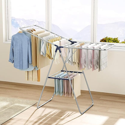 KINGBOARD Clothes Drying Rack,Stainless Steel Laundry Drying Rack with Height-Adjustable, Foldable Gullwing for Easy Storage, No Assembly, Indoor Outdoor Use, 56.4" D x 21.6" W x 39.3" H, Blue