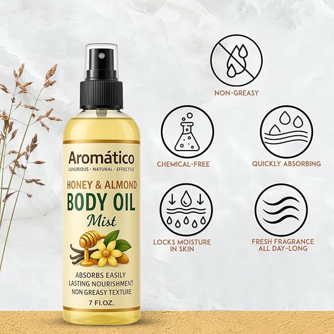 Aromatico Honey & Almond Body Oil Mist for Women – 7 fl oz | Lightweight, Non-Sticky, Spray-on formula for Daily use After Shower | Moisturized, Soft, Glowing Skin | Cozy Honey & Almond Scent