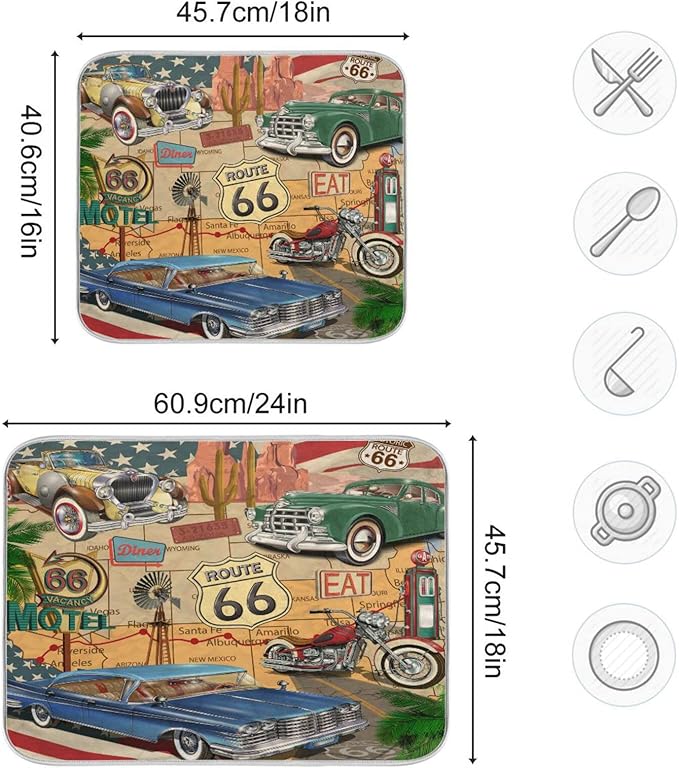 senya Super Absorbent Dish Drying Mat, Microfiber Fast-Drying Dish Mat, 24'' x 18'', Kitchen Dish Drying Pad, Retro Route 66 Poster, (g289343280p523c558s1114)