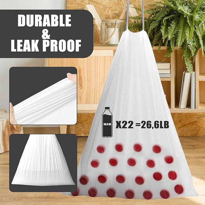 15 Gallon Trash Bags Drawstring,Tall Kitchen Trash Bags,50 Liter White Garbage Bags Kitchen,33 Count