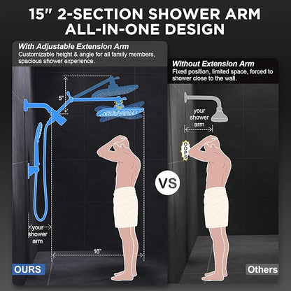 Veken 11.8" Rain Shower Head with Handheld, Family's Choice Award, High Pressure Handheld Shower Heads with Multi Spray Modes, Rainfall Combo with Extension Arm,Detachable Dual Shower, Matte Black