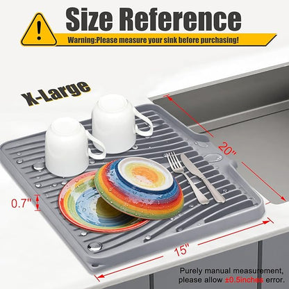 TIKNIK Silicone Dish Drying Mat, Stone Drying Mat for Kitchen Counter with Built-In Drain, Non-Slip Drain Pad with Built-in Drain, Heat Resistant Stone Drying Mat, 1Pcs 20" x 15", Grey