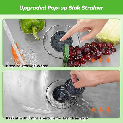 Universal Sink Stopper Strainer Combo, Stainless Steel Wrapped Drain Stopper Kitchen Sink for US Standard 3-1/2 Inch Kitchen Sink Drain, Extra 2 PCS Mesh Strainer for Food Garbage Disposal, Chrome