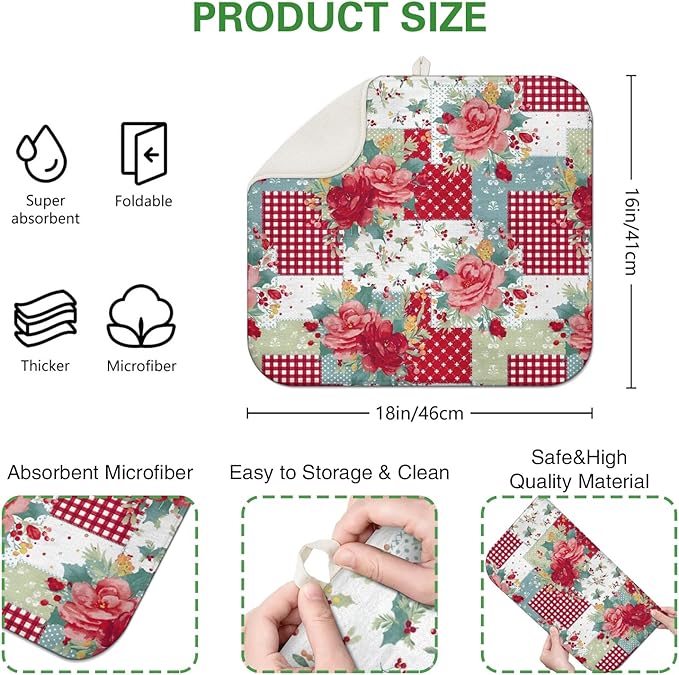 Dish Drying Mat Drainer Pads - Extra Large Microfiber Drying Mats for Dishes Kitchen Counter Super Absorbent Pads for Draining Racks (Red,16"x18" )