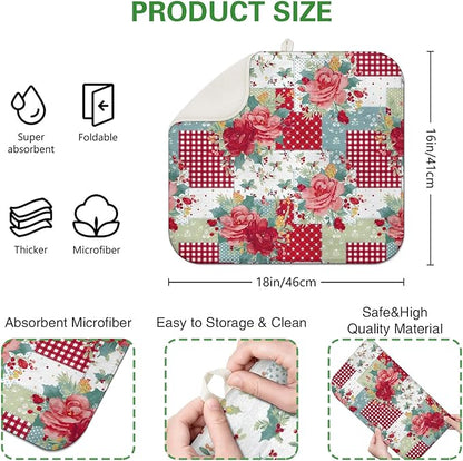 Dish Drying Mat Drainer Pads - Extra Large Microfiber Drying Mats for Dishes Kitchen Counter Super Absorbent Pads for Draining Racks (Red,16"x18" )
