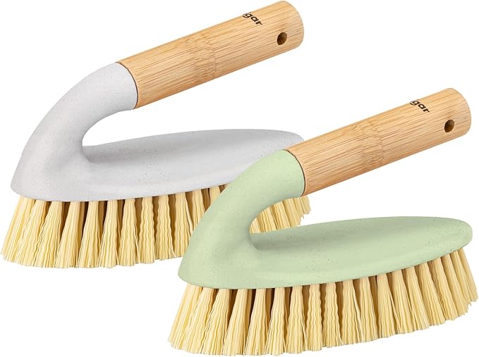 Vigar Zeroline 2 Pack Scrub Brushes for Cleaning, Scrub Brush with Ergonomic Bamboo Handle for Bathroom, Shower, Bathtub, Floor Tile, Wall, Gray, Green