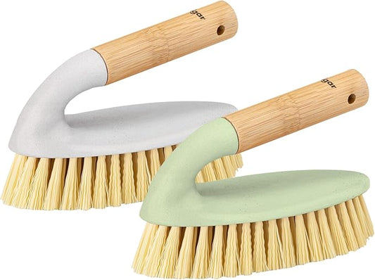 Vigar Zeroline 2 Pack Scrub Brushes for Cleaning, Scrub Brush with Ergonomic Bamboo Handle for Bathroom, Shower, Bathtub, Floor Tile, Wall, Gray, Green