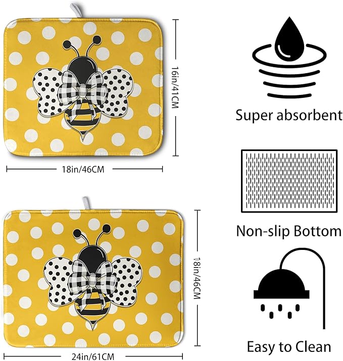 Bee Dish Drying Mat for Kitchen Counter 18x24 Inch Yellow Bumblebee Polka Dots Dishes Pad Cute Honey Bees Dish Draining Microfiber Absorbent Dish Drainer Rack Mat Large Kitchen Accessories