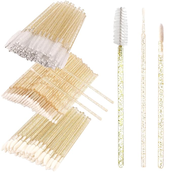 300 PCS Eyelash Extension Supplies Kit, Disposable Micro Applicator Brush, Eyebrow Lash Spoolie, Lip Brush, Mascara Wand Applicator (Crystal gold handle white kits)