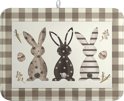 Easter Dish Drying Mat for Counter Bufflao Plaids Bunny Dish Mat Cute Rabbits Eggs Carrot Absorbent Microfiber Dish Draining Mat Reusable Dishes Pad Large 18x24 In