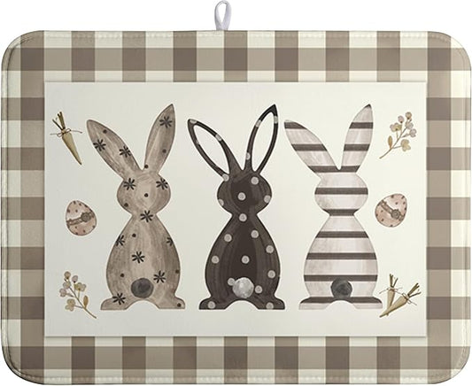 Easter Dish Drying Mat for Counter Bufflao Plaids Bunny Dish Mat Cute Rabbits Eggs Carrot Absorbent Microfiber Dish Draining Mat Reusable Dishes Pad Large 18x24 In