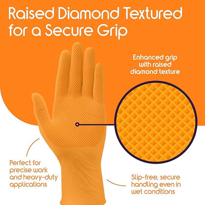Inspire Heavy Duty Orange Nitrile Gloves | ULTRA 8 Mil Diamond Textured Grip | Industrial Mechanic Disposable Cleaning Gloves
